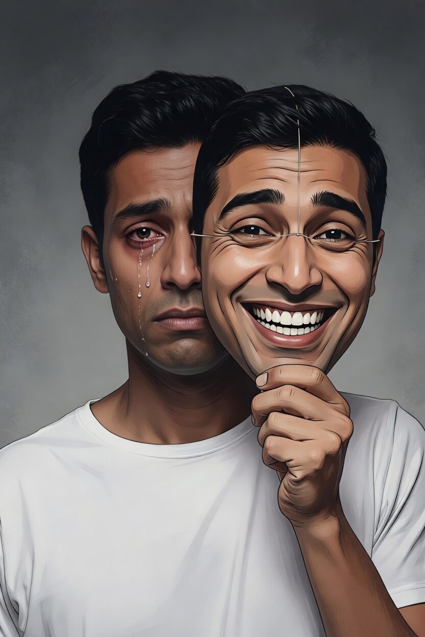 Sad man with smile mask